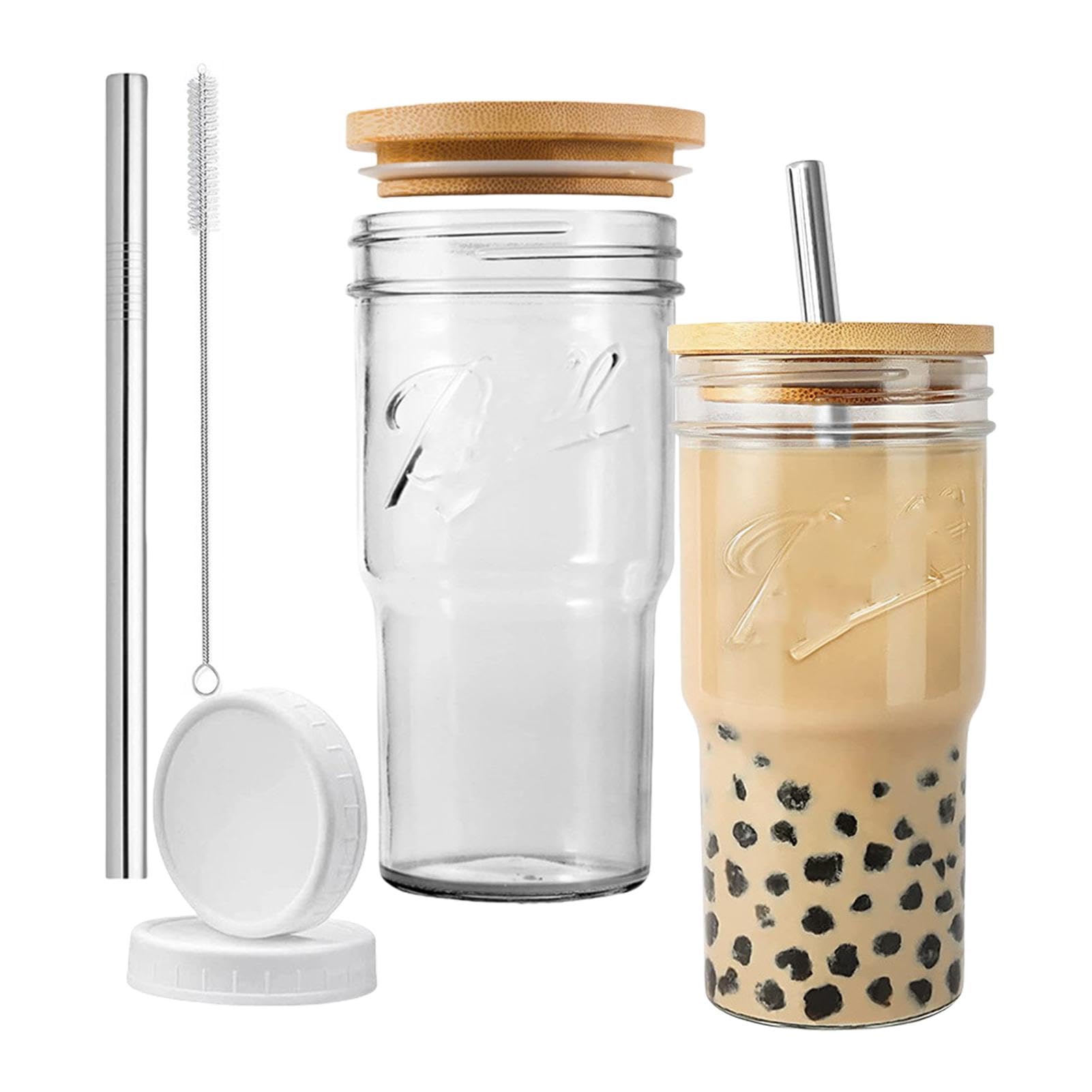 Amazon | ストローと蓋付きガラスタンブラー | 22オンスアイスコーヒー