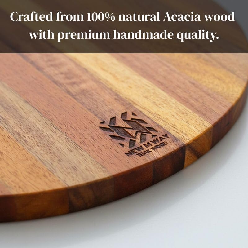Tabla de Cortar Redonda Premium de Madera de Acacia con Mango para Queso, Pizza, Pan y Frutas, Tabla Ligera de Madera Maciza de 30 cm x 30 cm x 1.4 cm, No Tóxica, Libre de BPA y Sin Plástico de New M Way miniatura 4