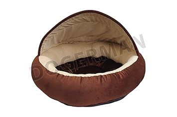 Dogerman Velvet Fabric Dual Color Cave Shape Bed for Small Dogs & Cats Diameter 71 cm Height 22 cm (M, Brown-Cream)