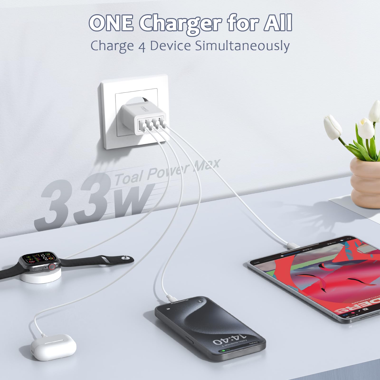 Ładowarka USB, Cshare 4-portowa wtyczka ładująca 33 W z szybką ładowarką QC 3.0, wielokrotna, zasilacz USB do iPhone'a 15, 14, 13, 12, 11 Pro Max Plus, iPada, S24, S23, telefonu komórkowego