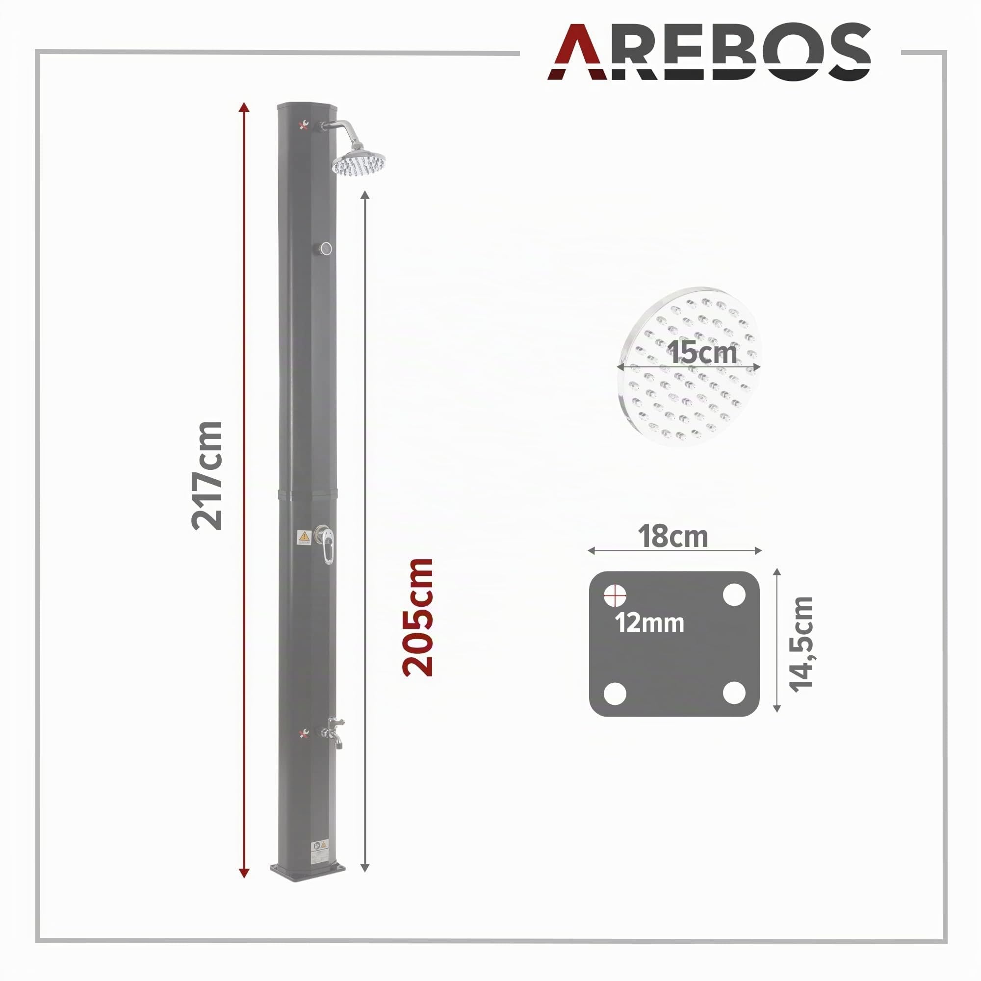 Arebos Ducha Solar | 35 litros | 216cm | con termómetro Integrado | Incl.Portada | Cabezal de Ducha Redondo | con Ducha de pies | Ducha de jardín con conexión para Manguera de jardín | Negro