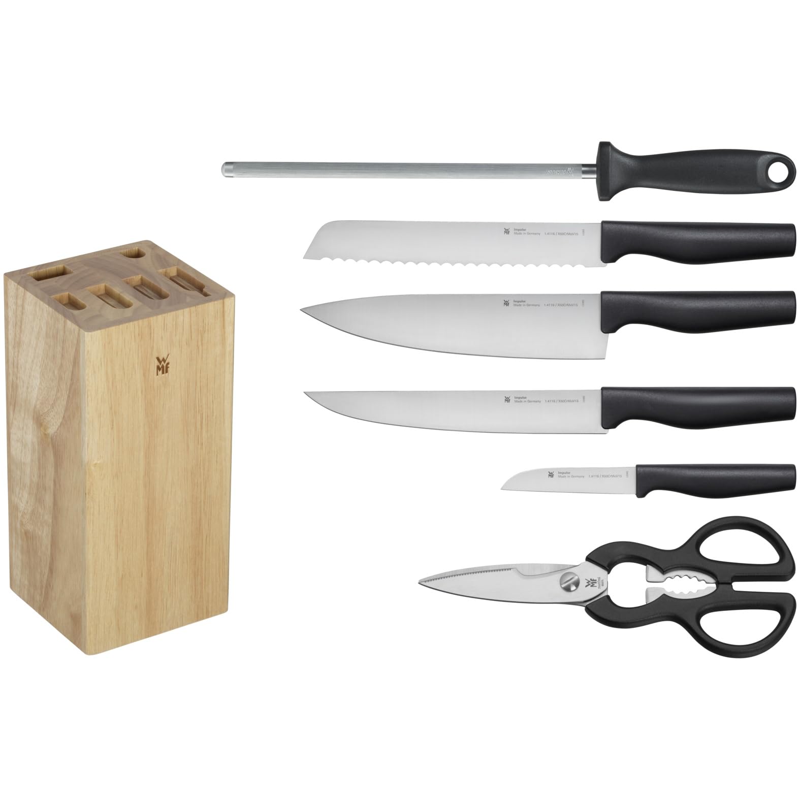 WMF Impulse Messerblock mit Messerset 7teilig, Made in Germany, 4 Messer, Küchenschere, Wetzstahl, Gummibaumholz, platzsparende Aufbewahrung, exzellente Schärfe, perfekte Ergonomie