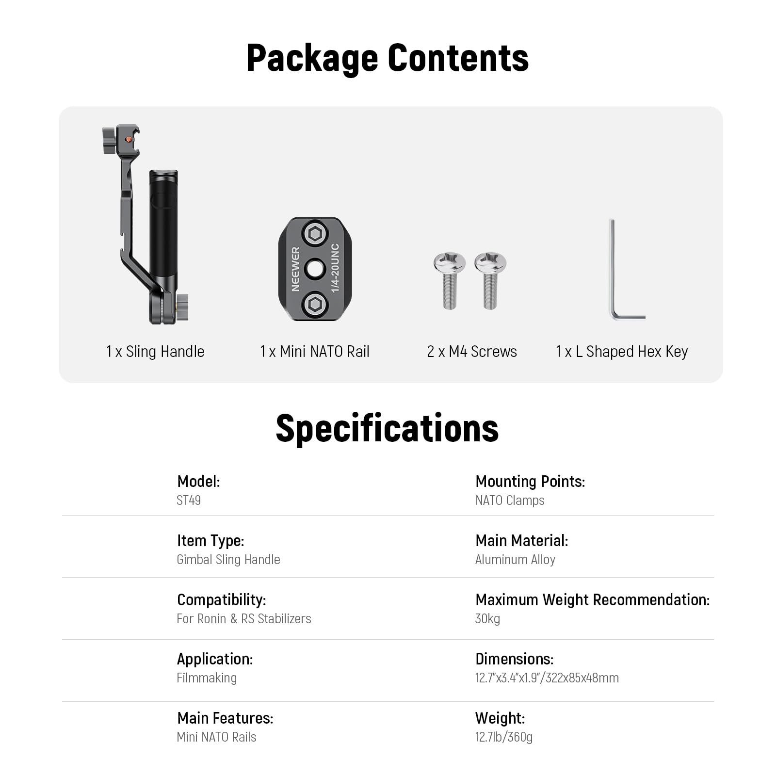 NEEWER Impugnatura Regolabile Tracolla per Gimbal, Guida NATO, Compatibile con DJI RS4, RS4 Pro, RS3, RS3 Pro, RS3 Mini, RS2, RSC2, Ronin-S e Ronin-SC per Riprese a Bassa Angolazione, Max 13,2lb, ST49