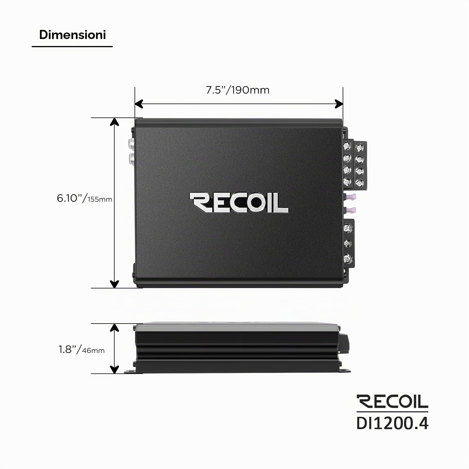 RECOIL DI1200-4 Amplificatore Auto 4 Canali Classe D Full-Range 2400W Ponte | 2400W Max, 2-4 Ohm Stabile, Alimentazione Mosfet, Ponte – Amplificatore Auto