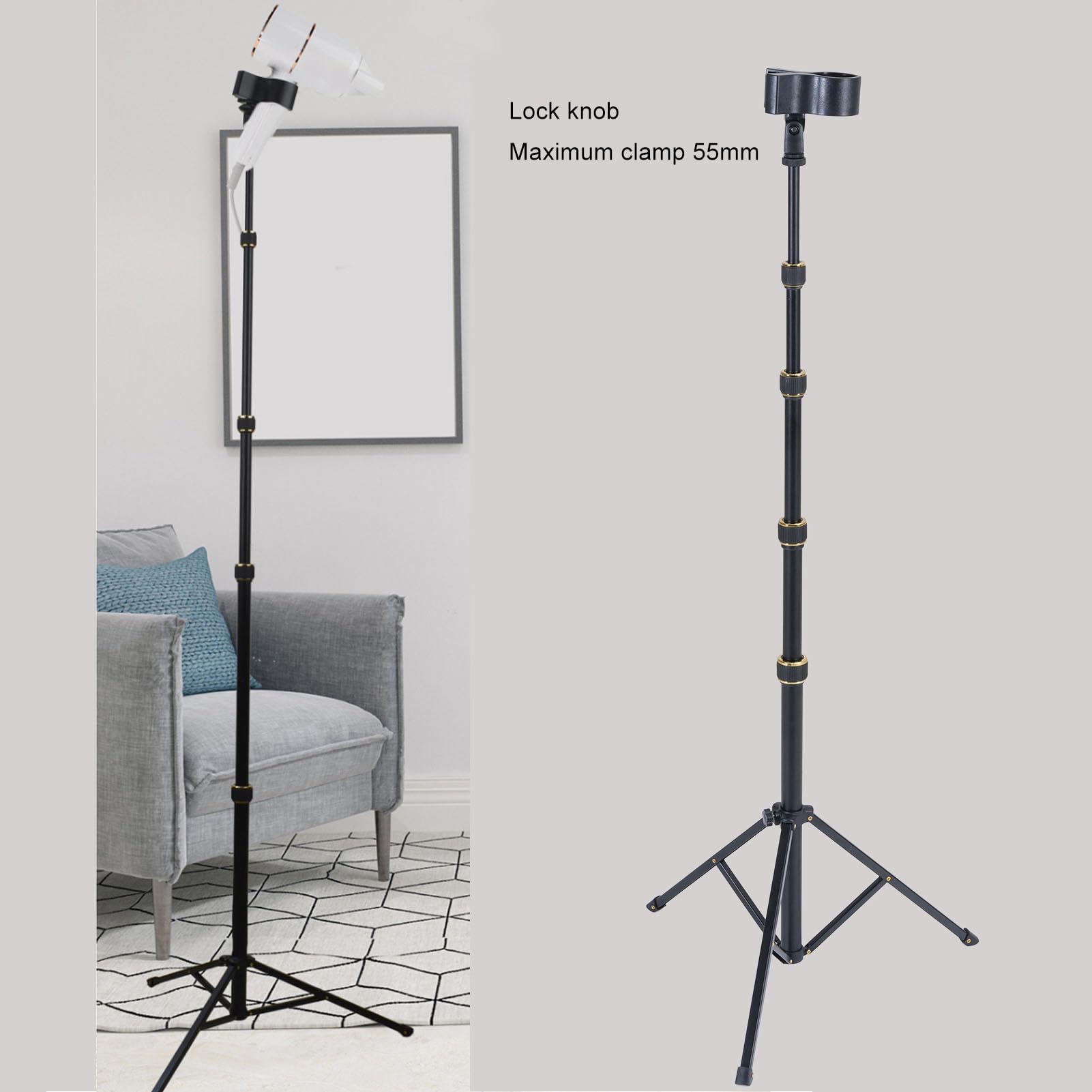 LICAEVEY Supporto per Asciugacapelli, Supporto per Asciugatrice per Capelli a 180 °, 23,62 - 76,77 Pollici Regolabili Senza Portata Portante, Clip del Supporto per Asciugacapelli Adatto
