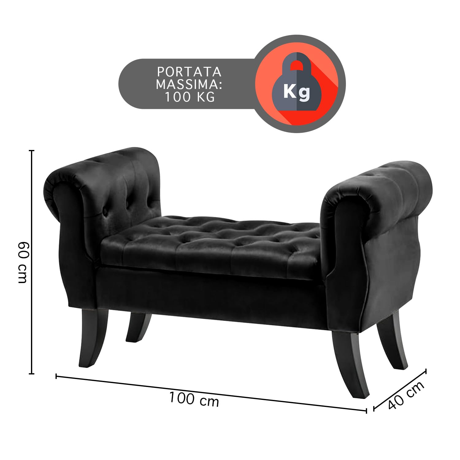 IlGruppone Divanetto in Velluto Panca Contenitore Pouf PortaOggetti Panca Sgabello A Pie di Letto Cassapanca Ingresso Legno Massello Panchina - Nero