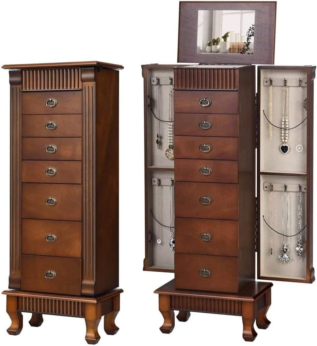 Jewelry Cabinet Armoire Freestanding with Top Mirror, Wooden Jewelry Cabinet w/ 7 Drawers, 2 Swing Doors, 12 Necklace Hooks, Makeup Mirror and Top Divided Storage Organizer, Large Capacity