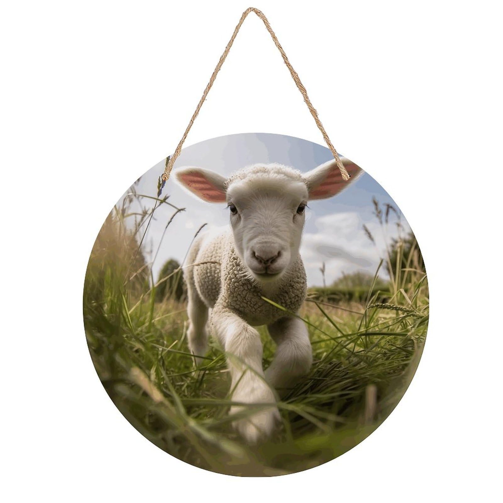 Adfgyerh Style Sheep Running On Grass Room Decor，Round Wooden Board Painting，Wall Art，Easy To Hang，Wall Decor ，Suitable For Homes, Offices, Holidays, Bars, Cafes, And Other Venues.