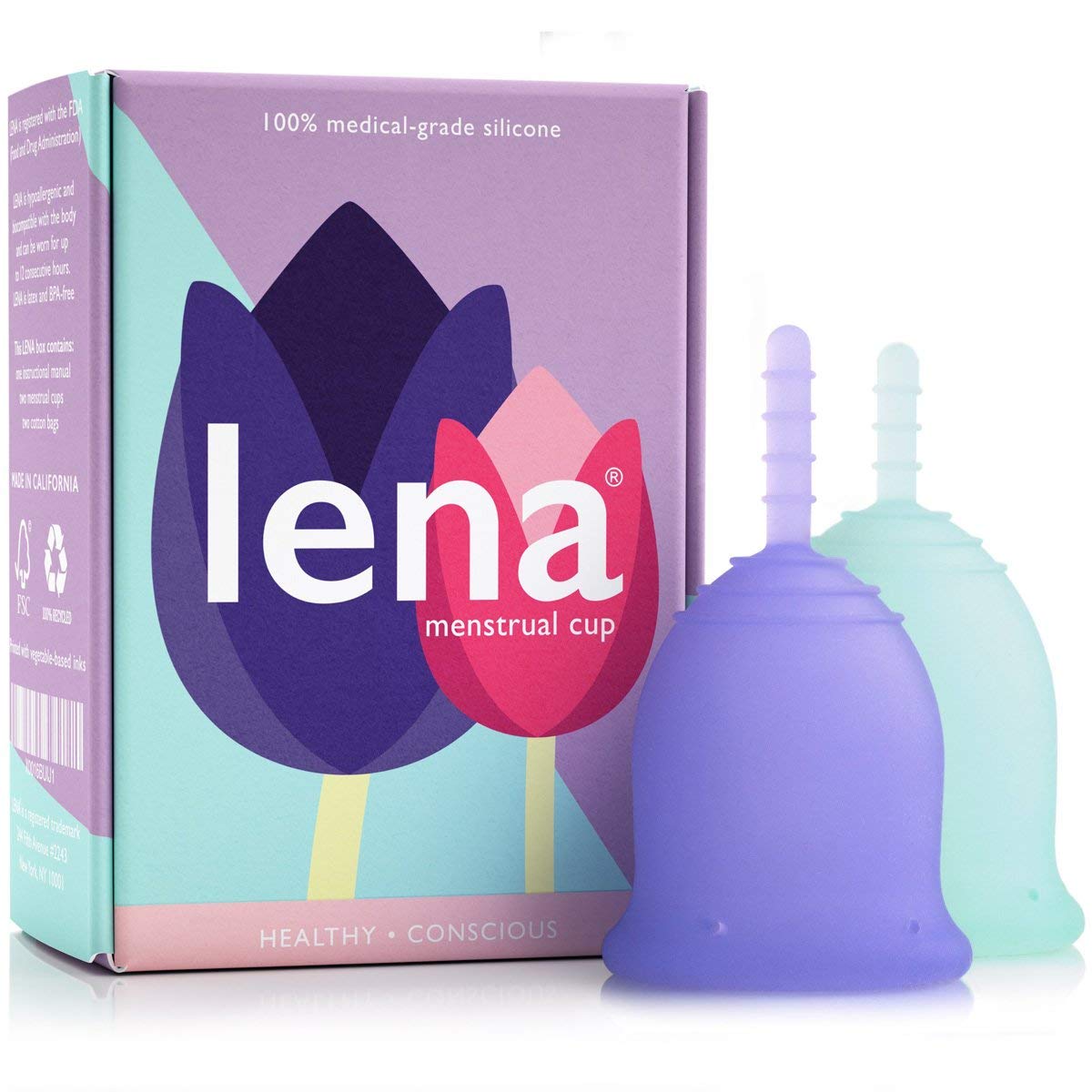 LENAReusable Menstrual Cups - Pack of 2, Turquoise and Purple