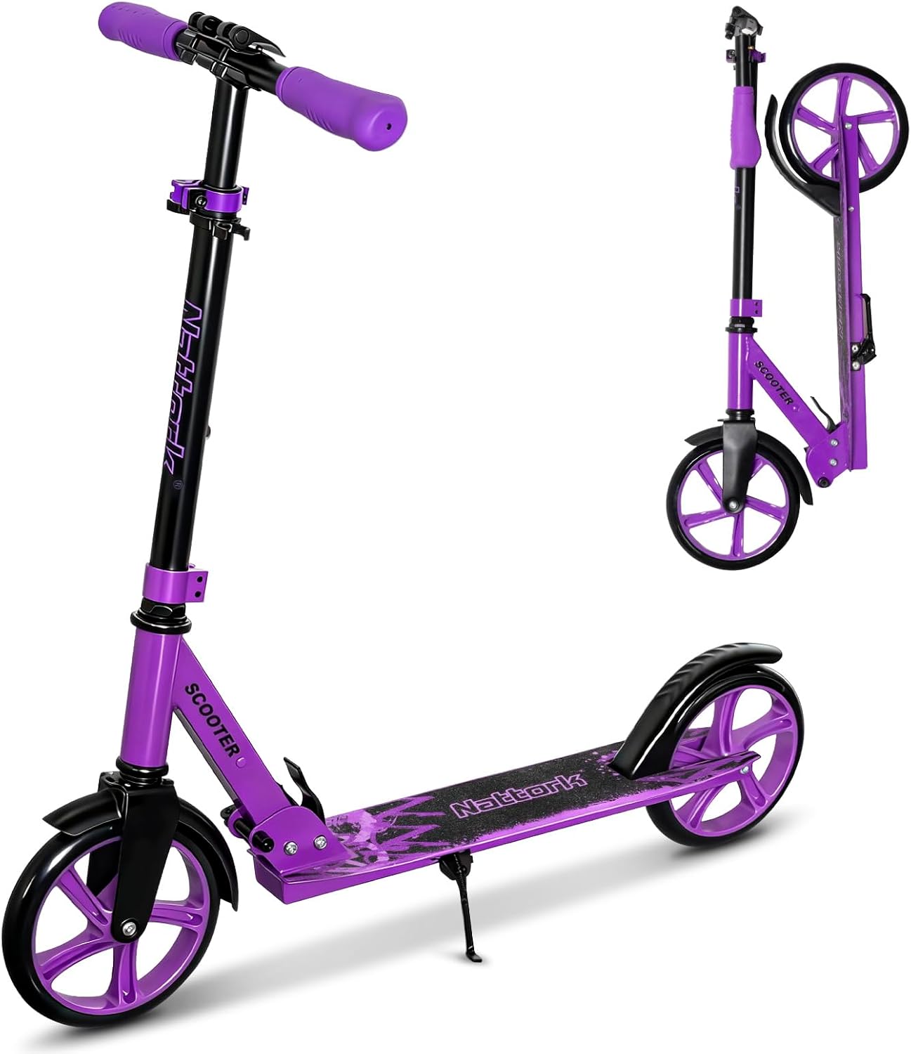 Nattork Folding Kick Scooter for Kids 8-12, Teens & Adults - Adjustable Height, Large Wheels, Anti-Shock Suspension, 220lb Capacity