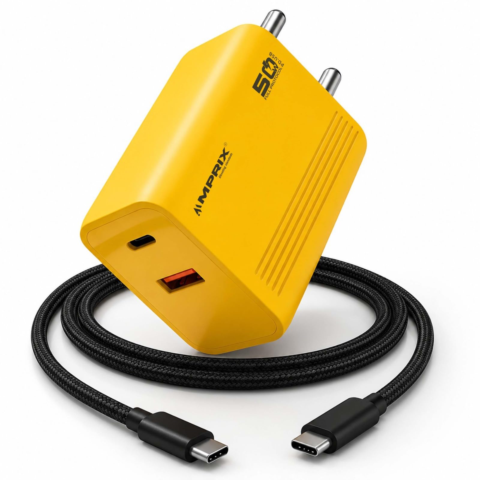 Mprix Elegant 50W (USB-A & Type-C) Dual Port Super Fast Charger, [2-Year Warranty] PD 3.0 & USB-A Fast Charger with Braided Type-C to C Cable for iPhone, Android & Other USB & Type-C Devices (Yellow)