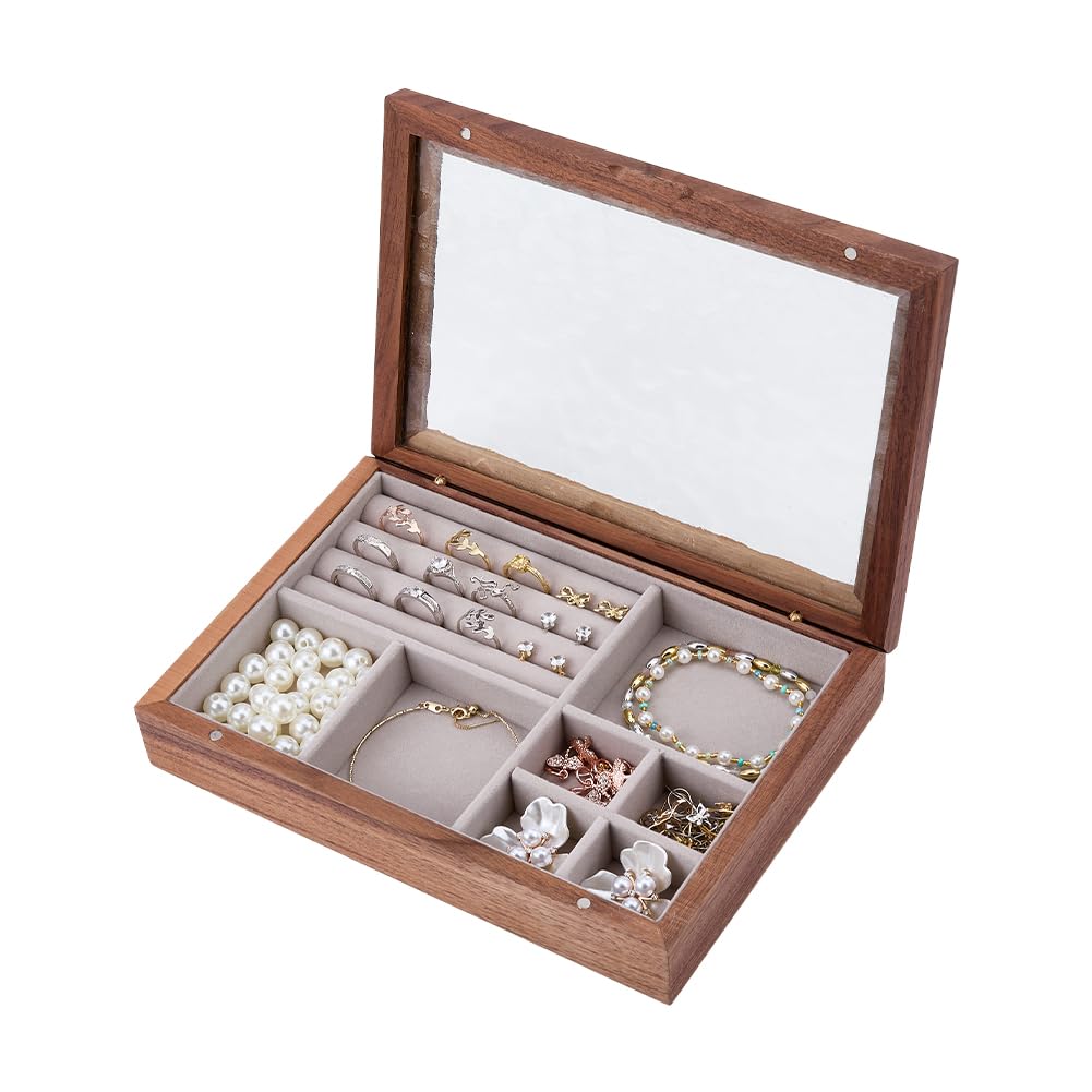 DICOSMETIC Boîte à bijoux en bois avec couvercle en verre - Organiseur de bijoux multi-compartiments - Vintage - Rectangulaire - Pour la maison, les voyages