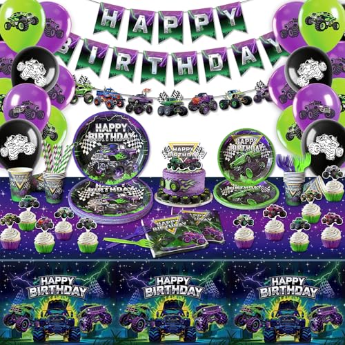 Monster Truck Birthday Decorations Monster Truck Party Supplies Serves 16 Guests Machines Jam Theme Birthday Party Tableware for Boy Purple and Green