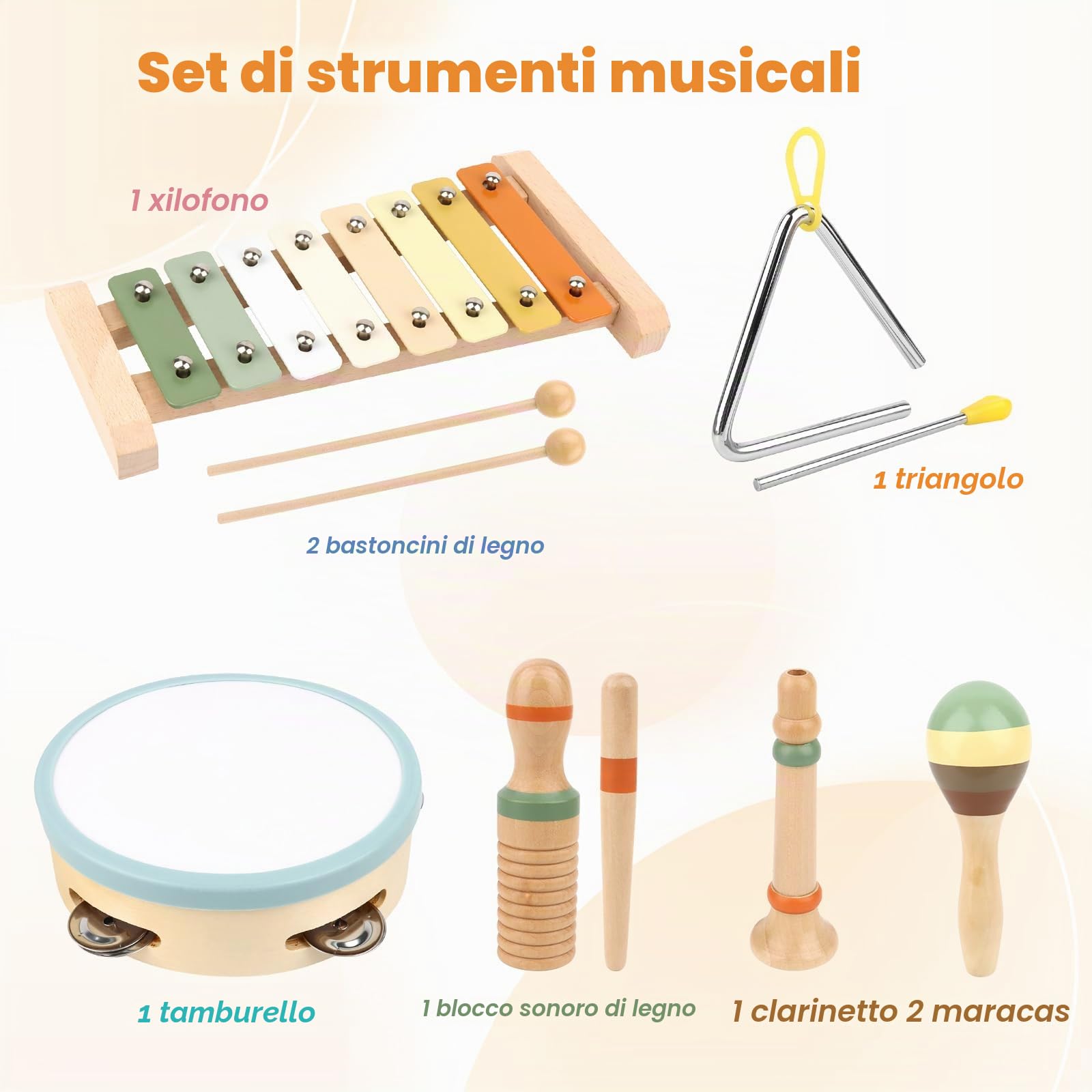 Strumenti Musicali Bambini, 6 in 1 Giochi Legno Montessori Sensoriale, Strumenti Musicali Percussioni in Legno - Tambourine Percussioni per Bambini con Tamburo, Xylophone , 3 4 5 6 Anni