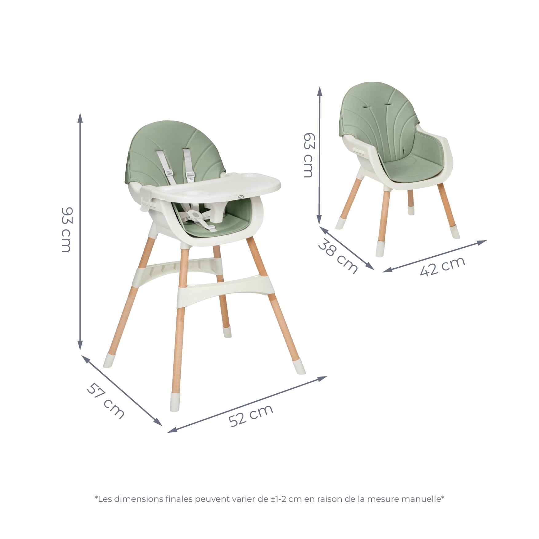 MS BabyWorld – MIKA – Chaise Haute pour Bébé 3 en 1 | Convertible en Rehausseur et Chaise | Siège Rembourré | Pliable et Évolutive