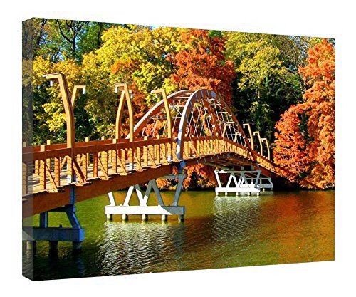 Toile avec beau pont d'automne et rivière encadrée bois châssis premium