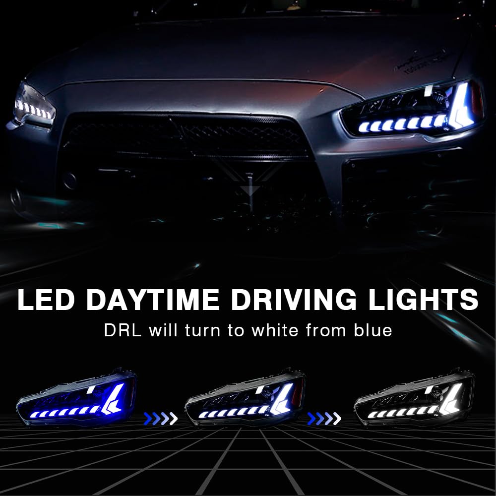 Archaic Dämonenaugen Scheinwerfer kompatibel mit Mitsubishi Lancer and Lancer EVO X 2008-2020, Frontlichter mit Animation DRL,mit E-Prüfzeichen