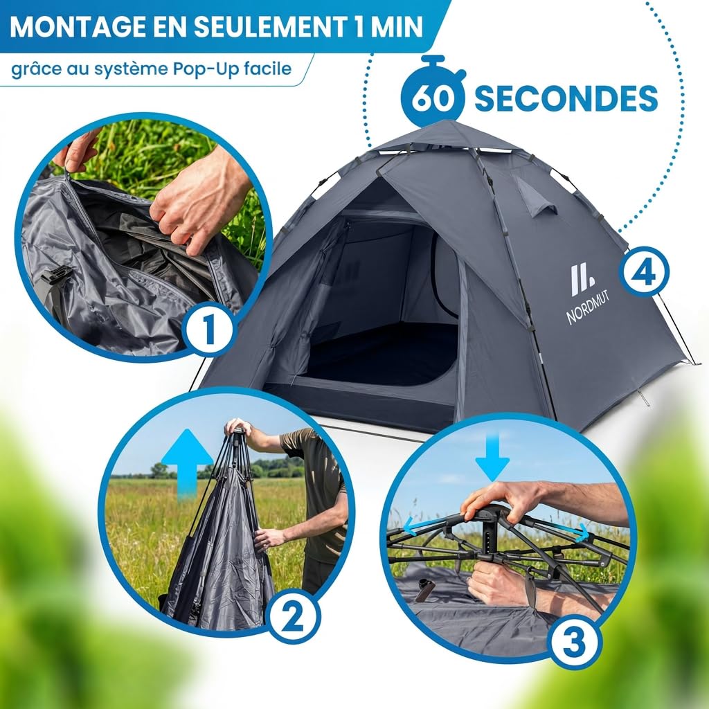 NORDMUT® Tente Pop-Up 2-4 Personnes – Montage Instantané, Étanche & Protection UV – Tente de Camping avec Excellente Circulation de l’Air