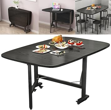 Multifunction Table Drop Leaf Dining Table - 47" Wooden Foldable Kitchen Table with 6 Wheels Black