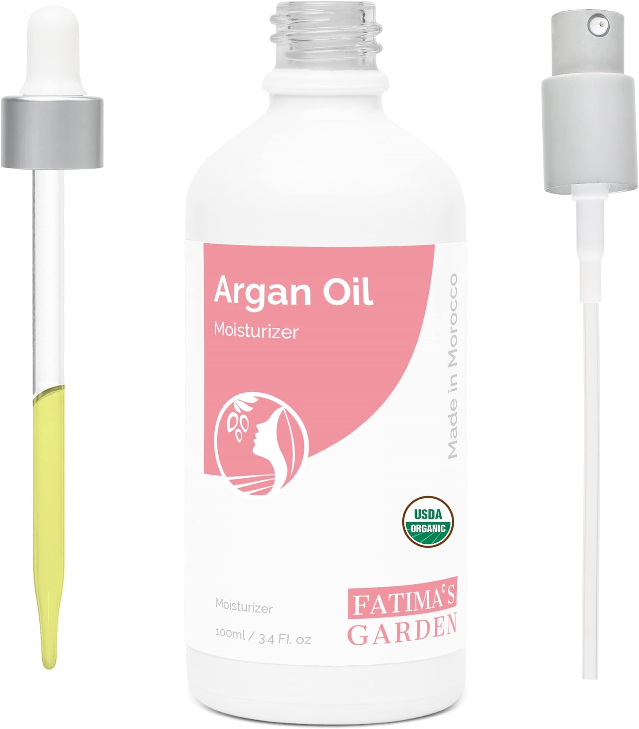 Fatima's Garden Argan Oil for Face, Hair, Skin and Nails, Moroccan Oil USDA Ecocert Certified Organic Pure Virgin Cold Pressed Moroccan Anti-aging Moisturizer (Normal, 3.4 Fl Oz)