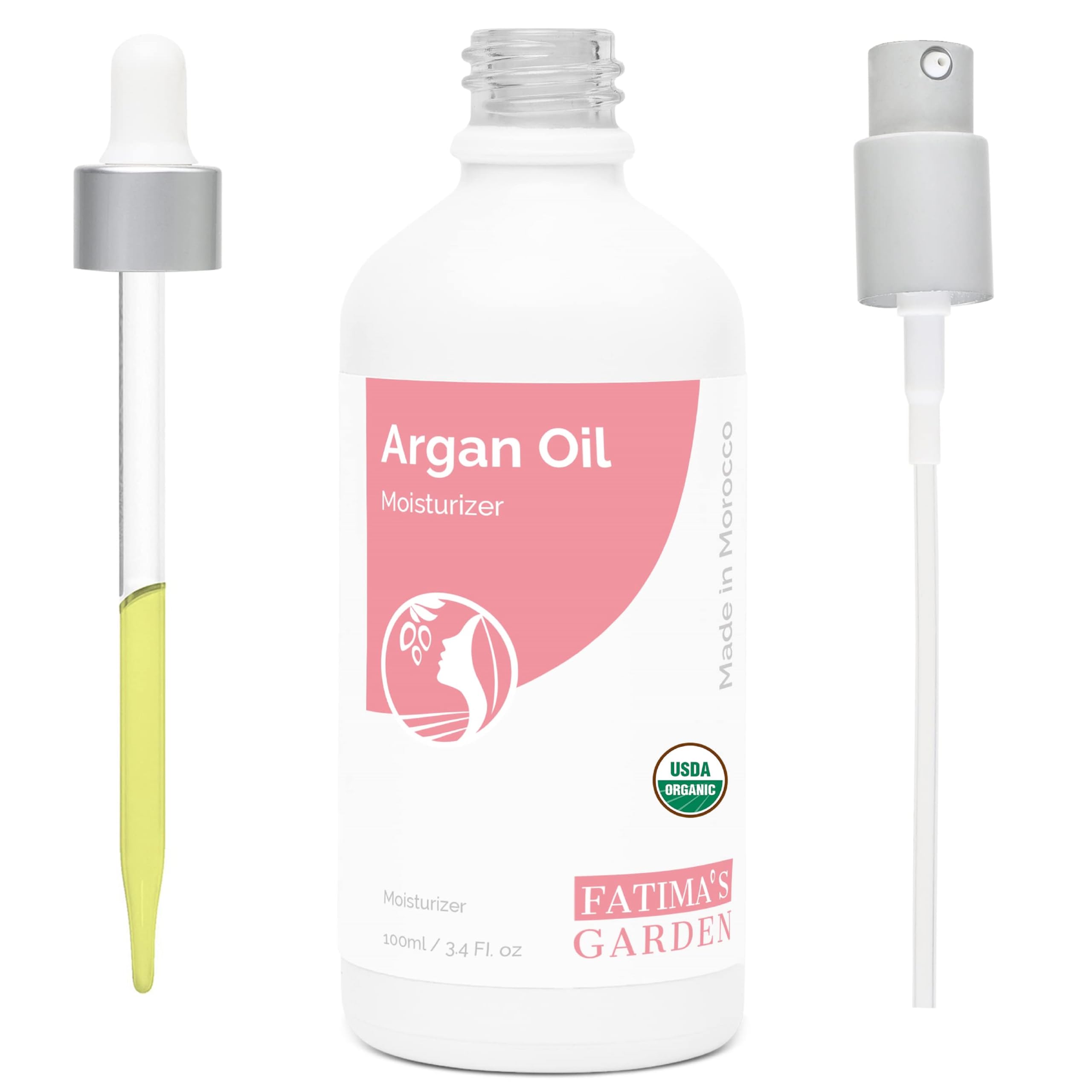 Fatima's Garden Argan Oil for Face, Hair, Skin and Nails, Moroccan Oil USDA Ecocert Certified Organic Pure Virgin Cold Pressed Moroccan Anti-aging Moisturizer (Normal, 3.4 Fl Oz)
