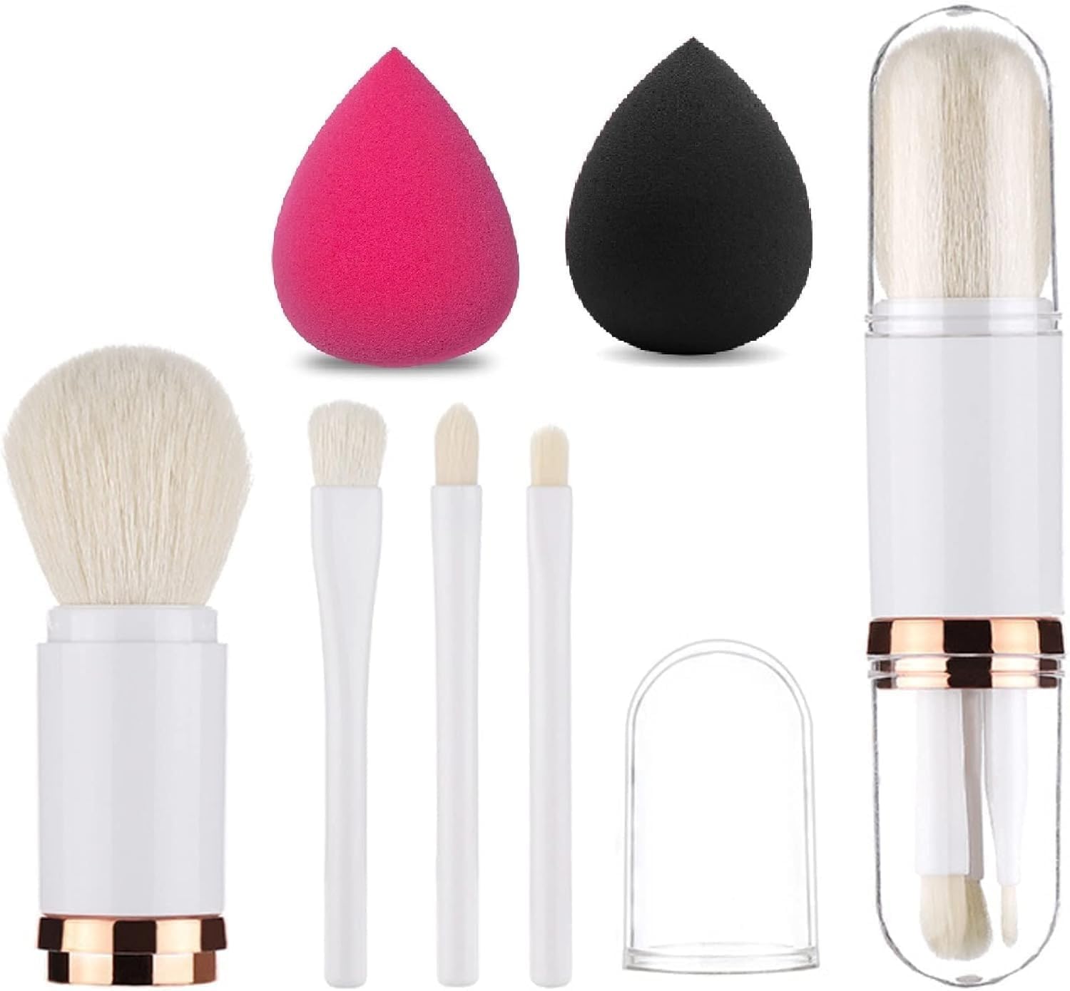 4 Pcs Makeup Brush Set with Retractable Foundation Brush, 3 Eye Brushes, Soft Dense Bristles, Portable Travel Brushes, 2 Pc Sponge, White-image-24