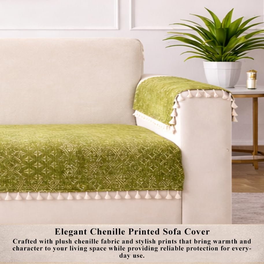Image of STITCHNEST Woven Fabric Sofa Cover 3 Seater with 2 Hand Rest Covers - Washable Green Sofa Cover with Tassels - Durable Premium Fabric - Stylish Sofa Protector for Living Room & Furniture Decor6