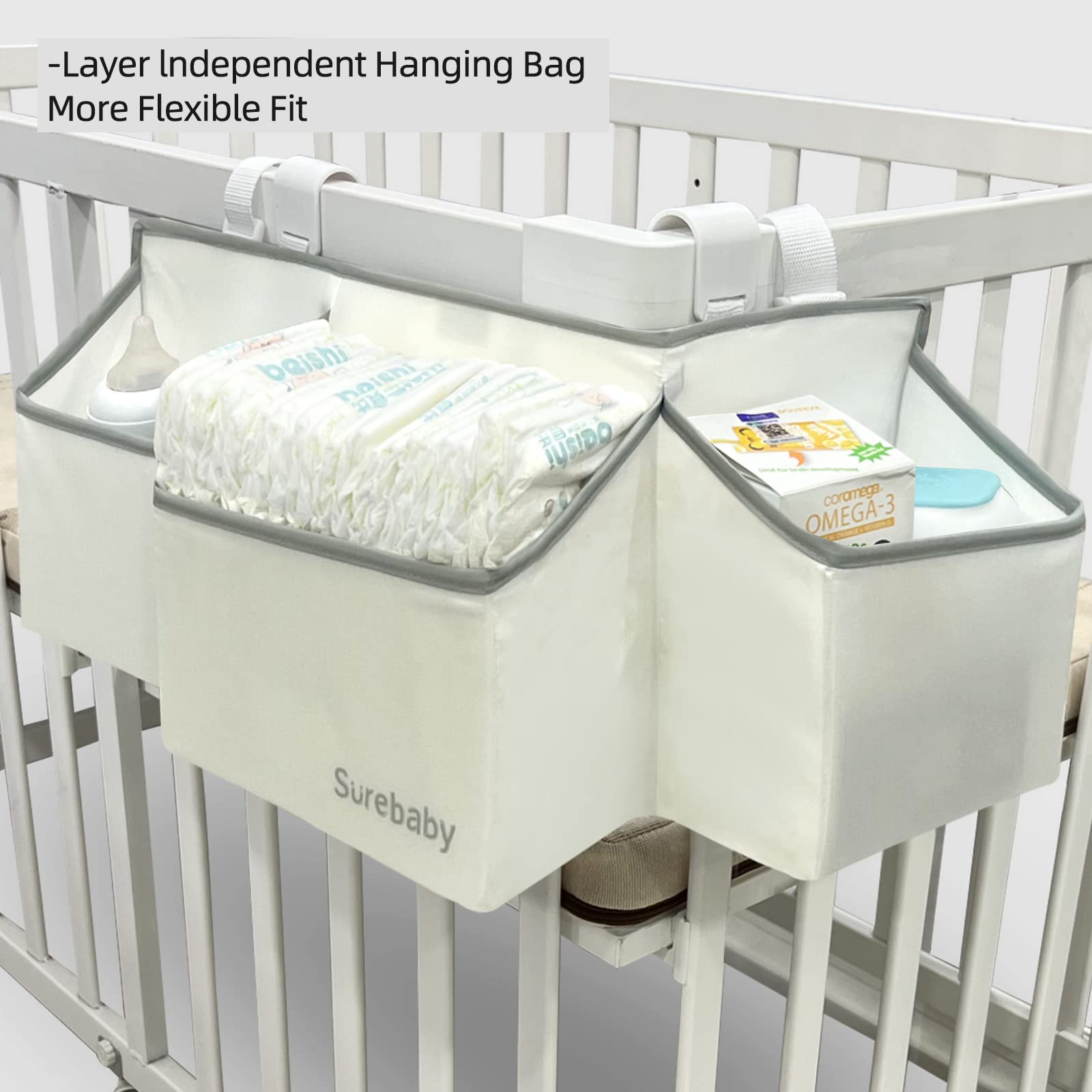 Organizador de pañales para bebé, organizador de pañales 3 en 1 para cuna, organizador de pañales para guardería, almacenamiento para cuna, cambiador, coche, pared, blanco