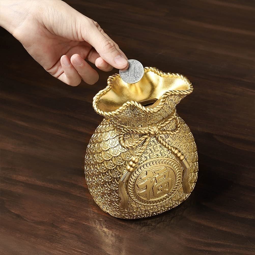 Bank for Mädchen und Jungen, 1pc Golden Lucky Bag Piggy Bank Figur Dekoration Harz Geldkästen Blättere Schweinebank Ornament Coin Bank (Farbe: Golden, Größe: 11,5 x 9,5 cm)