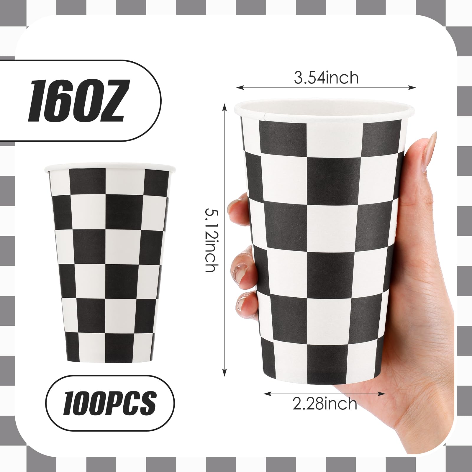 Layhit 100 bicchieri usa e getta da 473,6 ml, in carta a scacchi bianchi e neri, per bevande calde e fredde, cioccolato, tè, cacao, per casa, viaggi, ufficio, bar, ristorante, feste