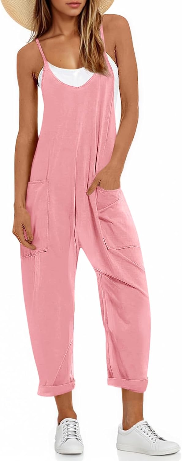 Fisoew Women's Summer Sleeveless Loose Casual V Neck Jumpsuits Spaghetti Strap Long Pants Baggy Overalls with Pockets