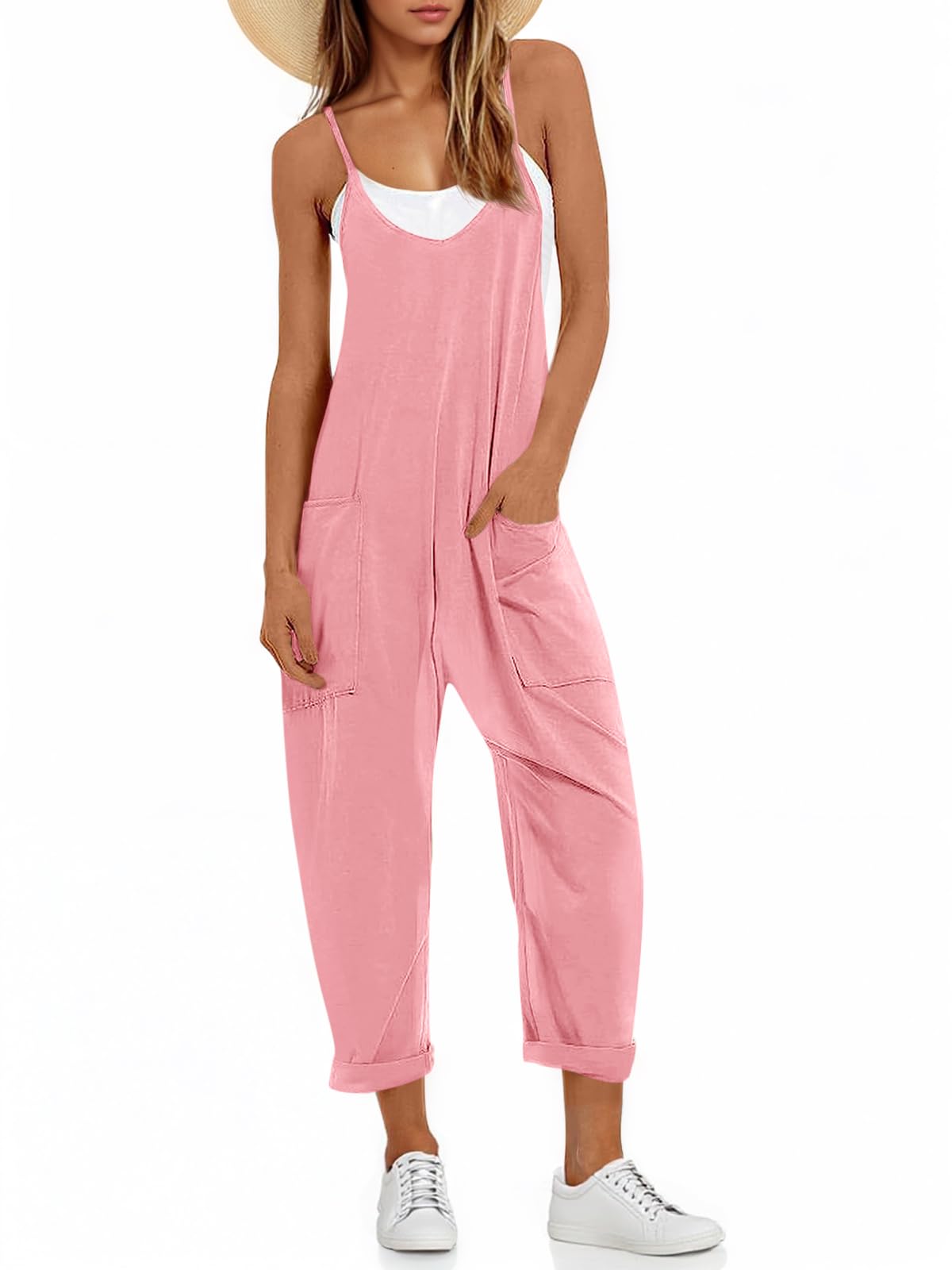 Fisoew Women's Summer Sleeveless Loose Casual V Neck Jumpsuits Spaghetti Strap Long Pants Baggy Overalls with Pockets