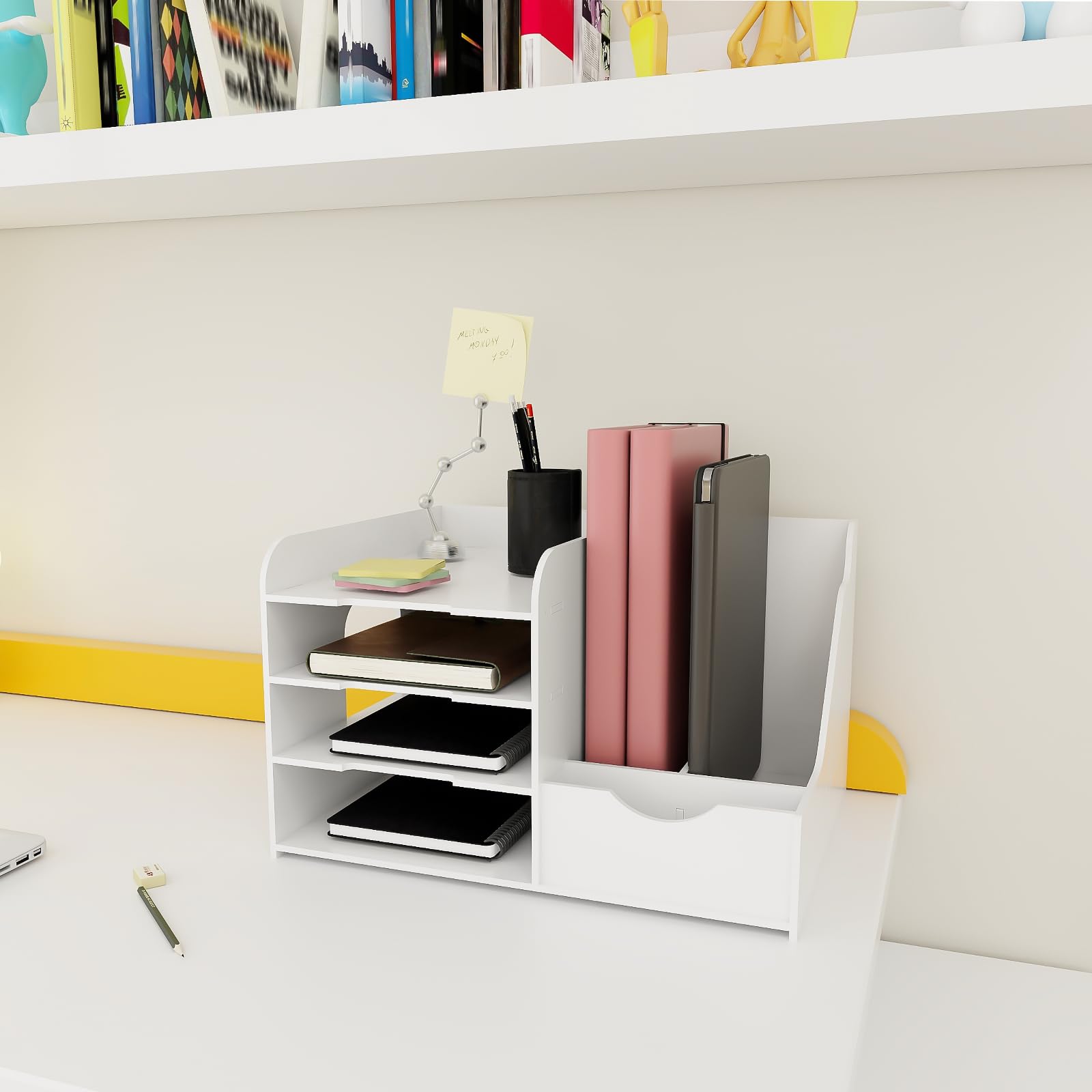 A4 Organisateur de Bureau Bois Plastique, Plateau de Papier Blanc, Banette de Rangement Bureau, Range Document Bureau pour Maison École, 40 x 31 x 25 cm - Blanc (1PC)
