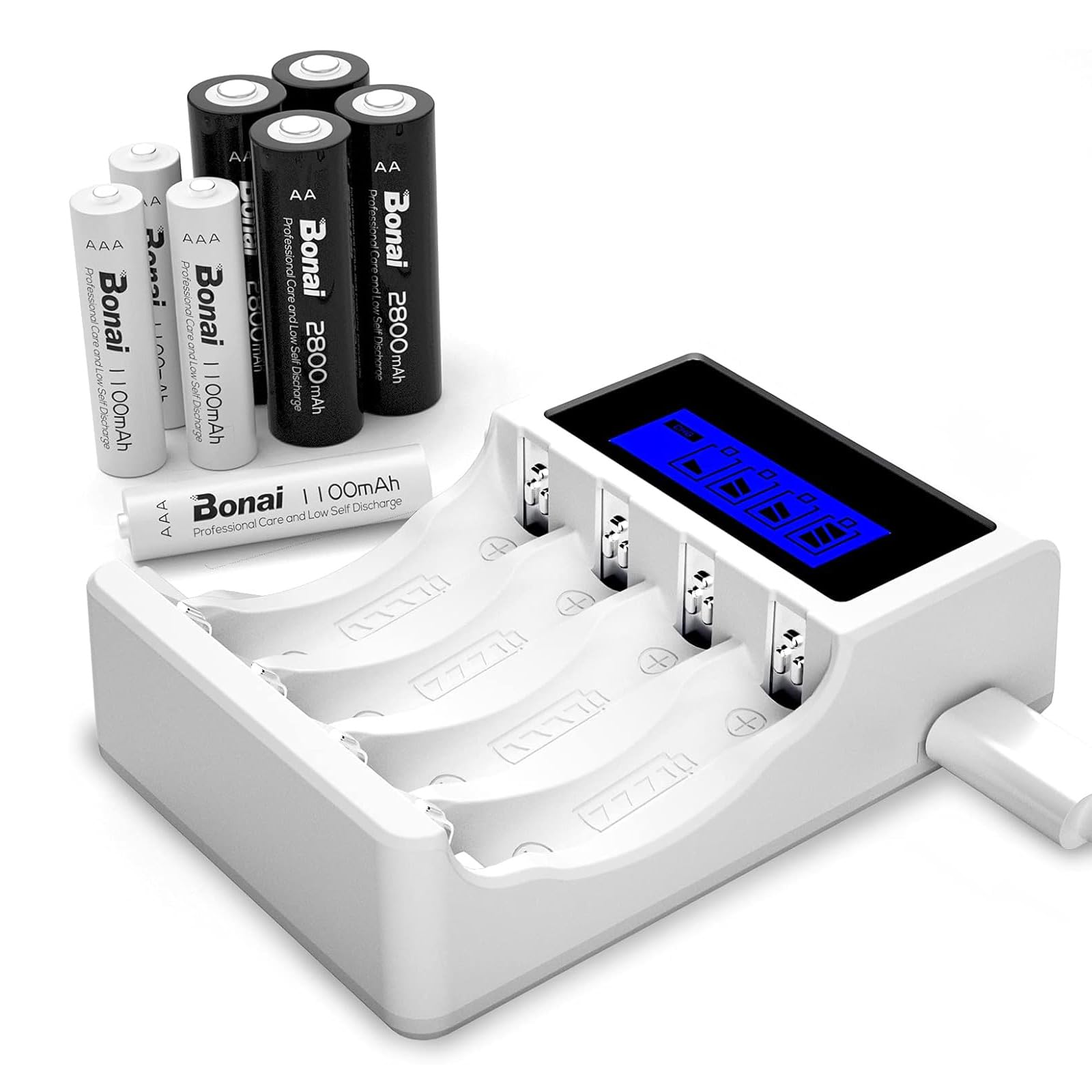 BONAI 単三単四電池充電器 LED急速充電器セット 充電式電池8本付属 大容量 耐久性 家庭や屋外での使用に適しています （充電器+4AA/4AA充電式電池）