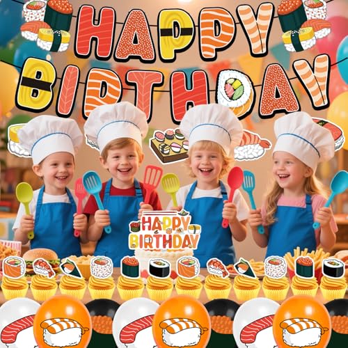 Image of Sushi Birthday Decoration Set, Cute Food Happy Birthday Banner, Party Supplies with Banner, Hanging Swirl, Balloon, Cake Topper, Cupcake Topper
