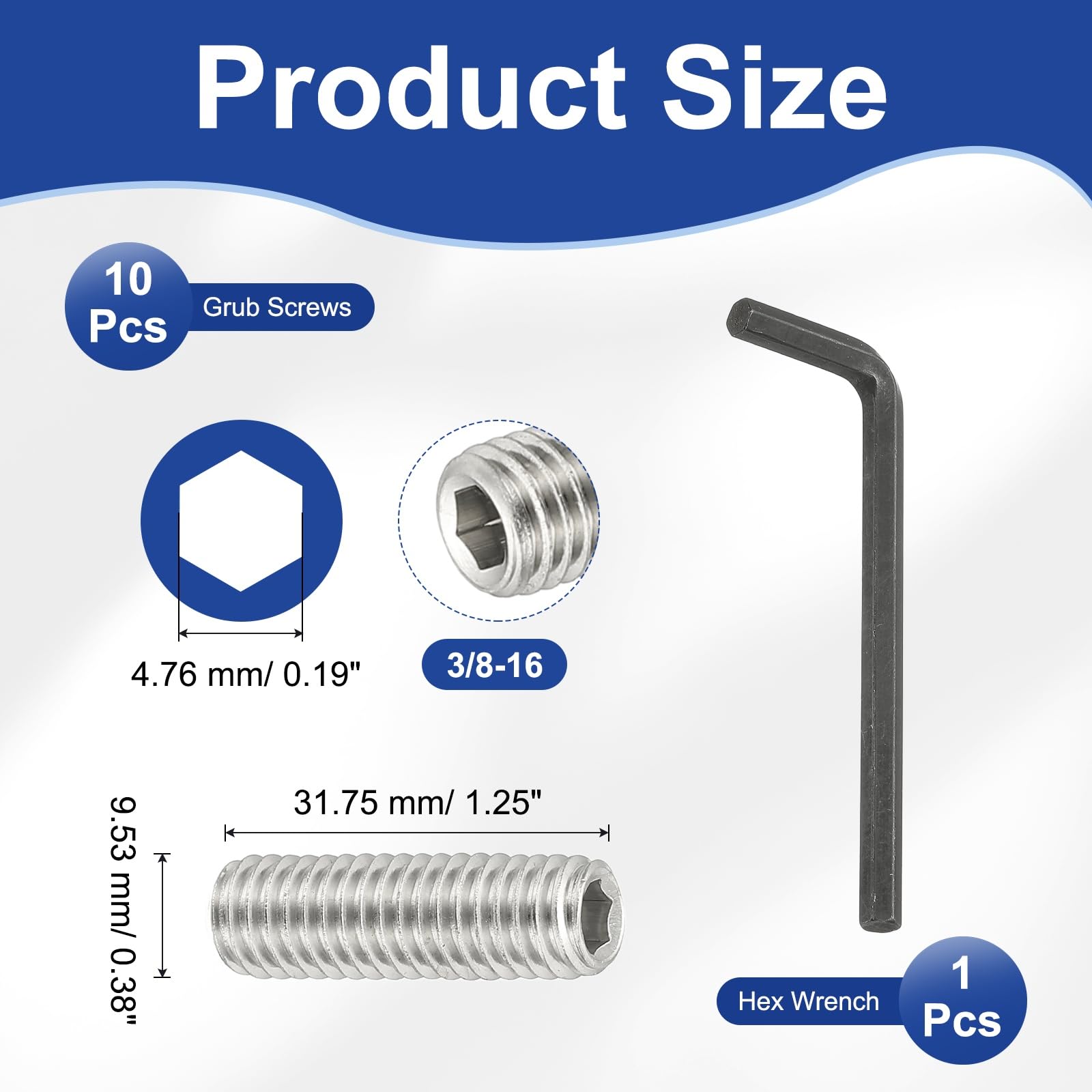PATIKIL 3/8-16x1-1/4" Internal Hex Socket Set Grub Screws - Image 2
