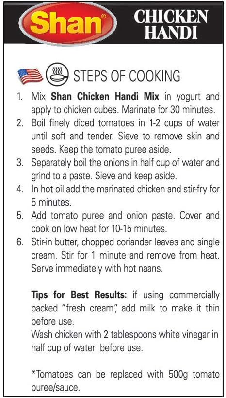 Shan Chicken Handi Recipe and Seasoning Mix 1.76 oz (50g) - Spice Powder for Juicy Chicken in Creamy Tomato Sauce - Suitable for Vegetarians - Airtight Bag in a Box (Pack of 24)
