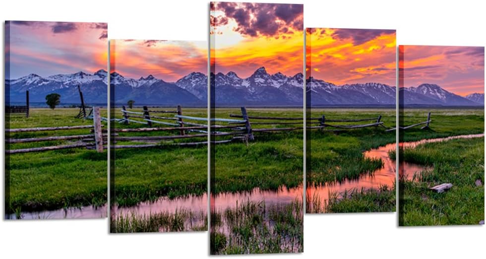 KREATIVE ARTS - 5 Pieces Grand Teton National Park USA Landscape Wall Art Canvas Print Sunset Nature Picture Modern Home Decor Stretched and Framed Ready to Hang (Large Size 60x32inch)