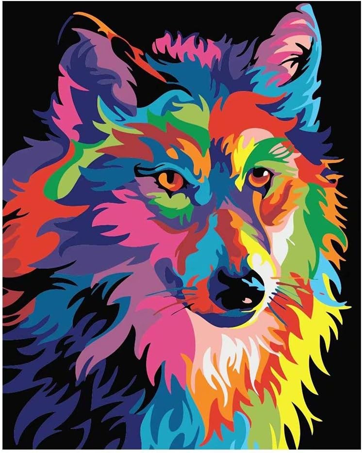 DIY Paint by Numbers for Adults Animals, DIY Oil Painting by Number Kit with Brushes & Acrylic - Colorful Wolf 16x20 inch