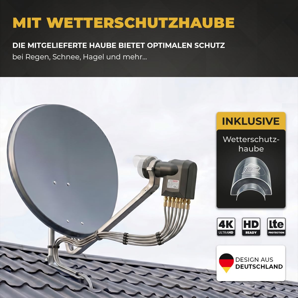 [ Test SEHR GUT, Note 1.0 *] AXRED Octo LNB + Wetterkappe + 8X F-Stecker, Digital 8Fach 4K HD LMB für 8 Teilnehmer mit Wetterschutz Abdeckung, für Fernseher Sat Receiver Satellitenschüssel