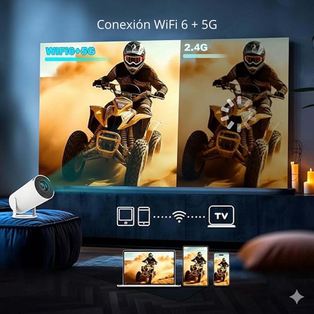 Proyector Portátil, Mini Proyector Full HD 1080P con Android 14, WiFi 6, Bluetooth 5.0, Rotación 180°, Cine en Casa, Apps Store (Netflix, Youtube) 2 + 16GB, TV Stick/HDMI/USB
