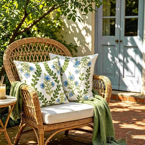 yuboo Spring Floral Embroidered Throw Pillow Covers 18x18 Set of 2, Blue and Sage Green Pillow Covers Botanical Tufted Decorative Cushion Cases, Boho Farmhouse Decor for Couch Living Room Sofa Bed