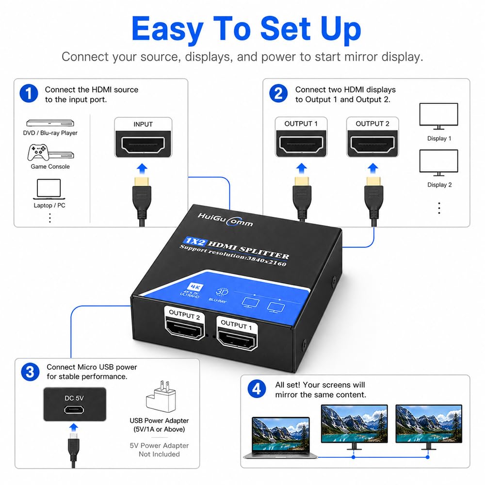 Répartiteur HDMI 1 en 2 sortie, 4K 30Hz 1080P 60Hz 1X2 Powered HDMI Splitter pour Double Moniteurs, Miroir Affichage Uniquement pour Ordinateur Portable PC TV Projecteur HDTV