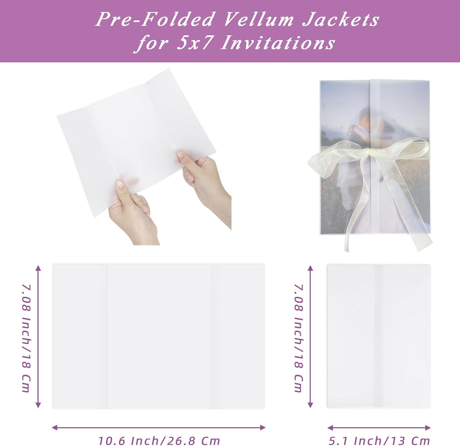 100 Pack Pre-Folded Vellum Jackets for 5x7 Invitations, 115 GSM Translucent Vellum Paper 5x7 Invitation Sleeves, Wedding Invitation Wraps for Weddings, Birthdays, Baby Showers