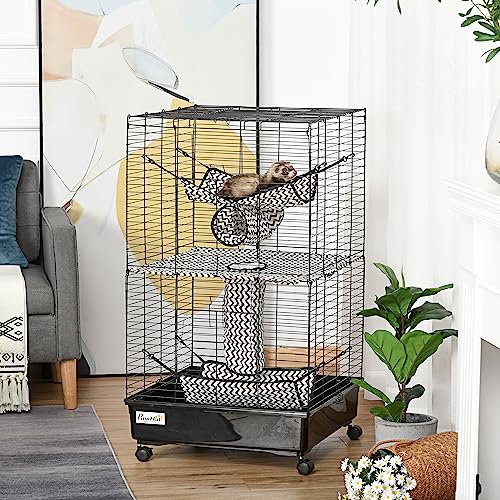 PawHut 42" Ferret Cage, Small Animal Habitat Metal Pet Cage with Wheels Brakes, Hammocks, Hanging Tunnels, and 3 Doors, Black - Image 2