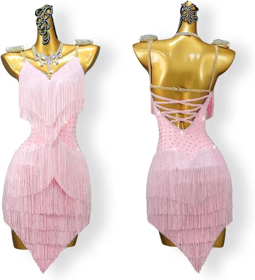 Womens Fringe Latin Dress Suspenders Cha Cha Tango Performance Dancewear Ballroom Dance Dresses Bare Back