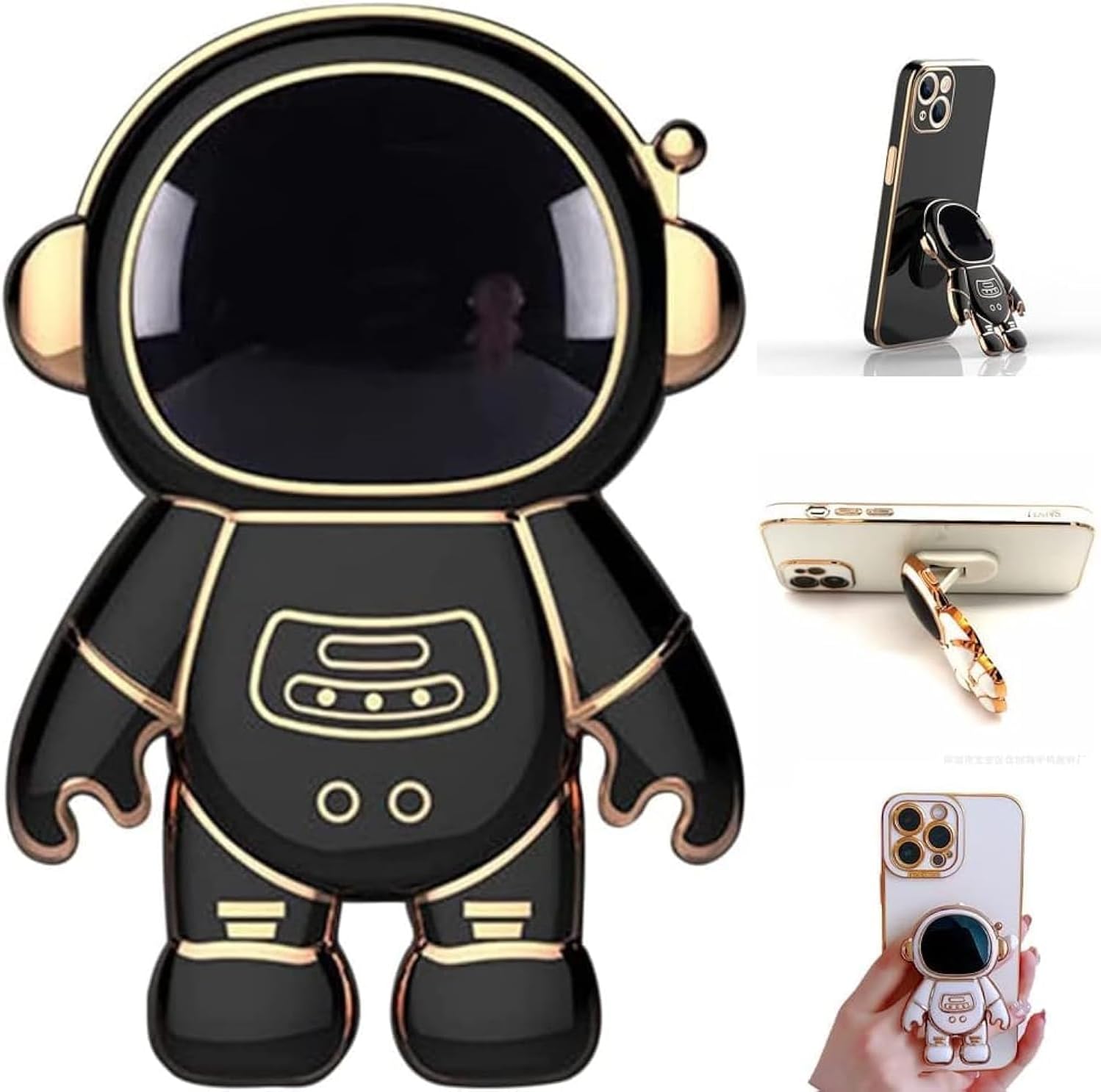Cute Phone Stand Holder,Creative Astronaut Design Foldable Cell Phone Kickstand for Desk,Bling Creative Phone Ring Compatible All Phones and Tablets for Men & Woman-Black