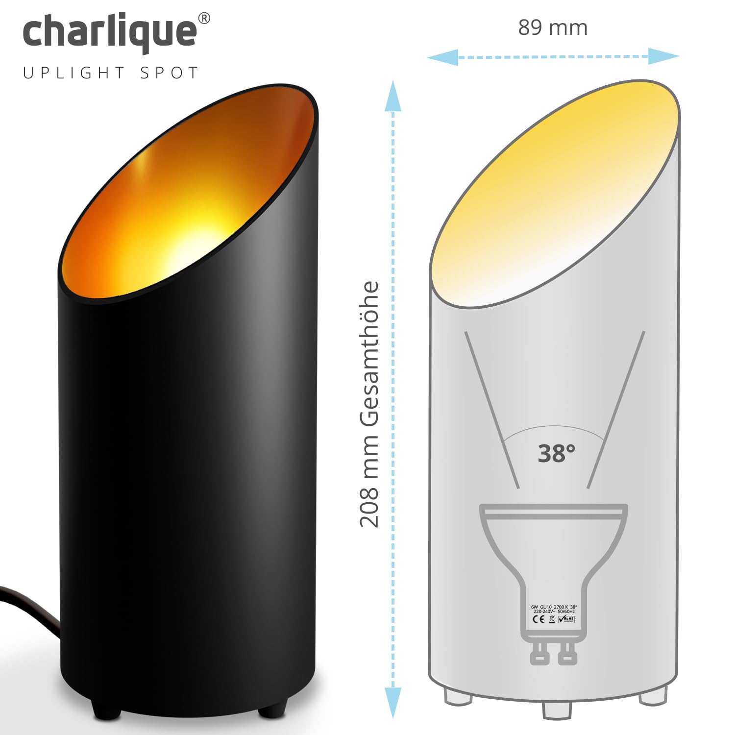 LED Uplight Spot (2 pezzi) nero, 6 W, faretto da terra per illuminazione indiretta, lampada da terra con lampadina GU10 230 V, luce calda da 2700 Kelvin