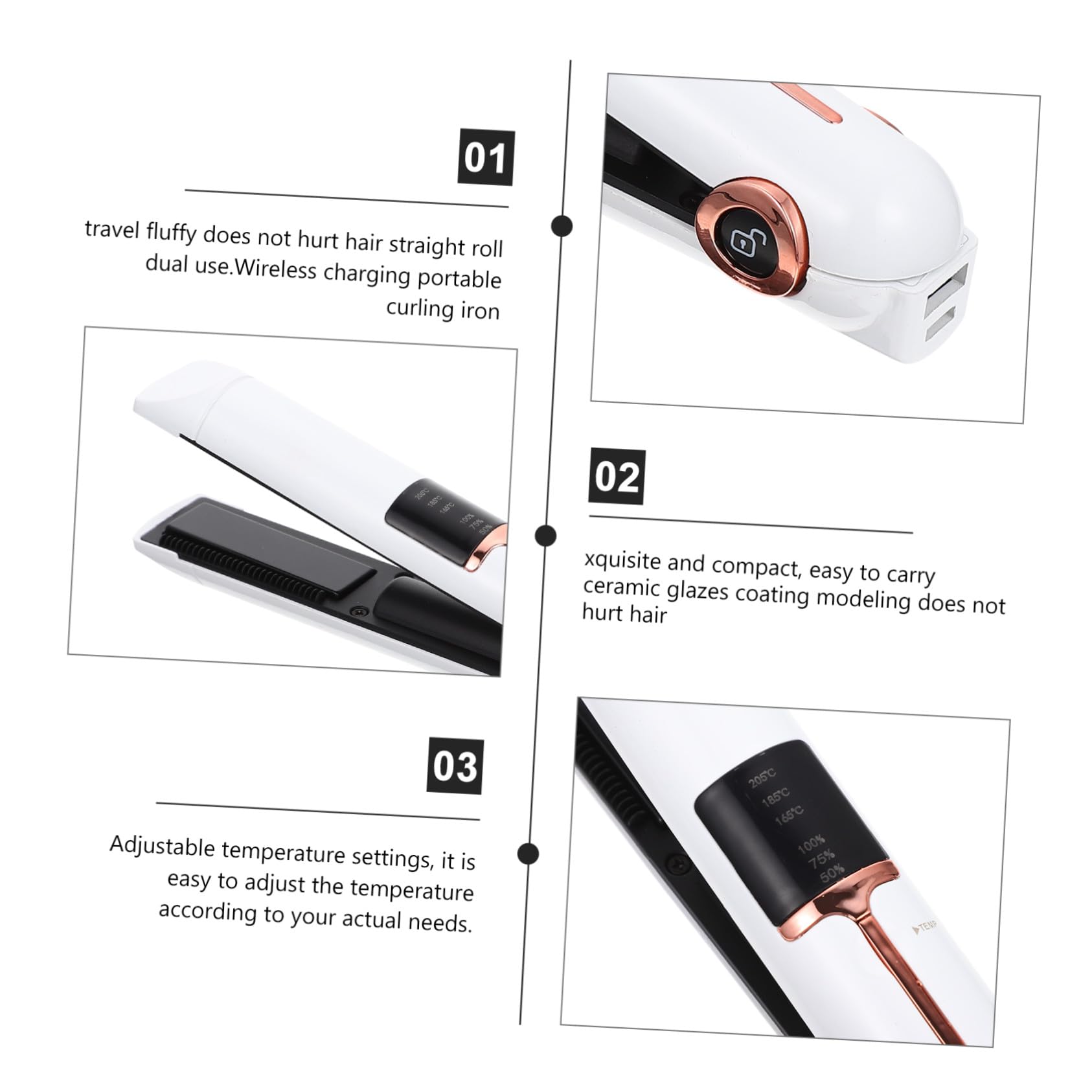 STOBAZA Fer à Lisser Boucler Sans Fil Taille Compacte Couleur Ivoire Réglable Pour Coiffure Voyage Usage Domestique