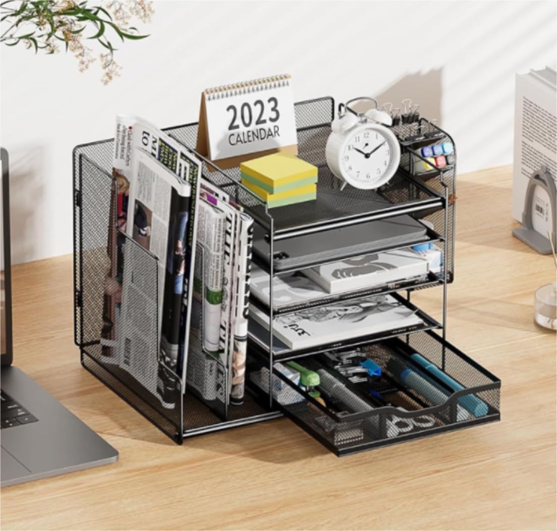 Organizzatore Scrivania Organizer da Scrivania per Ufficio Tavolo con Cassetto, 2 per File E 1 Portapenne Ufficio